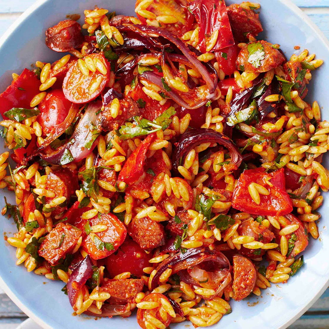 Roasted pepper and chorizo orzo salad