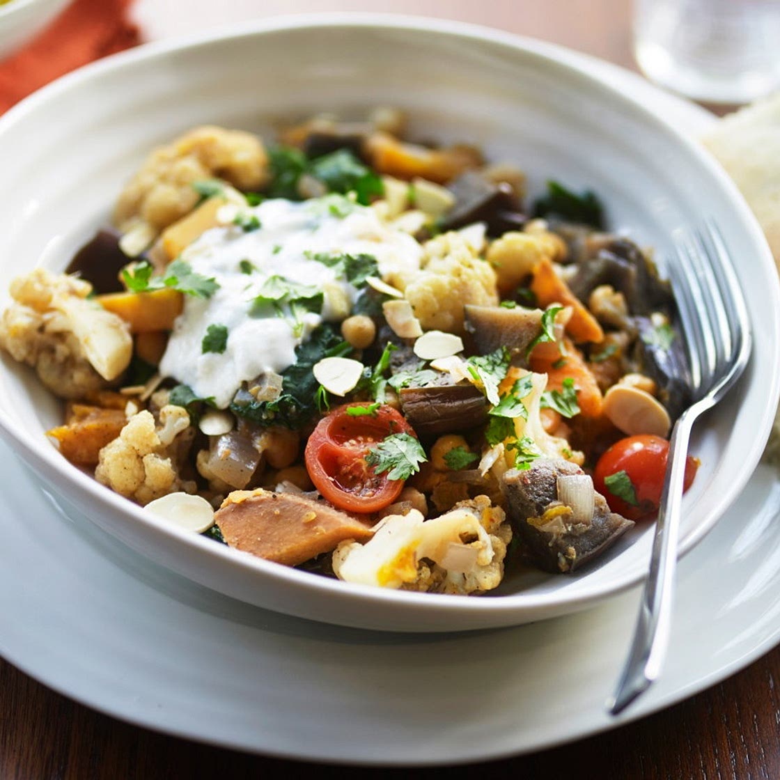 Roasted aubergine, vegetable and chickpea curry