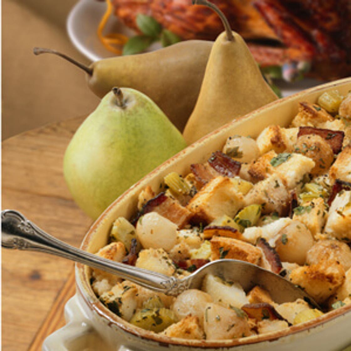 Bread Stuffing with Pears Bacon Caramelized Onions
