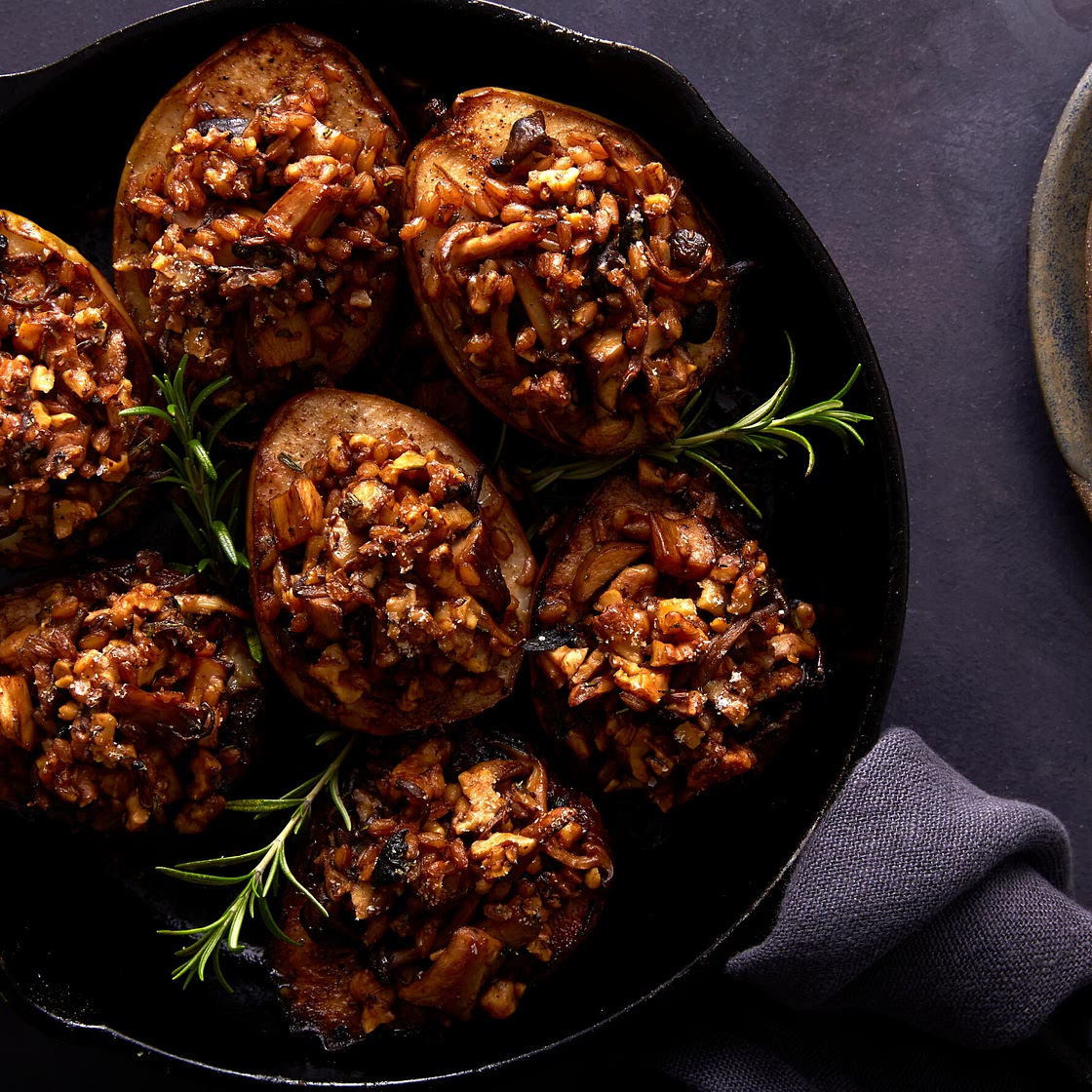 Savory Skillet-Roasted Pears with Mushrooms, Farro, and Walnuts