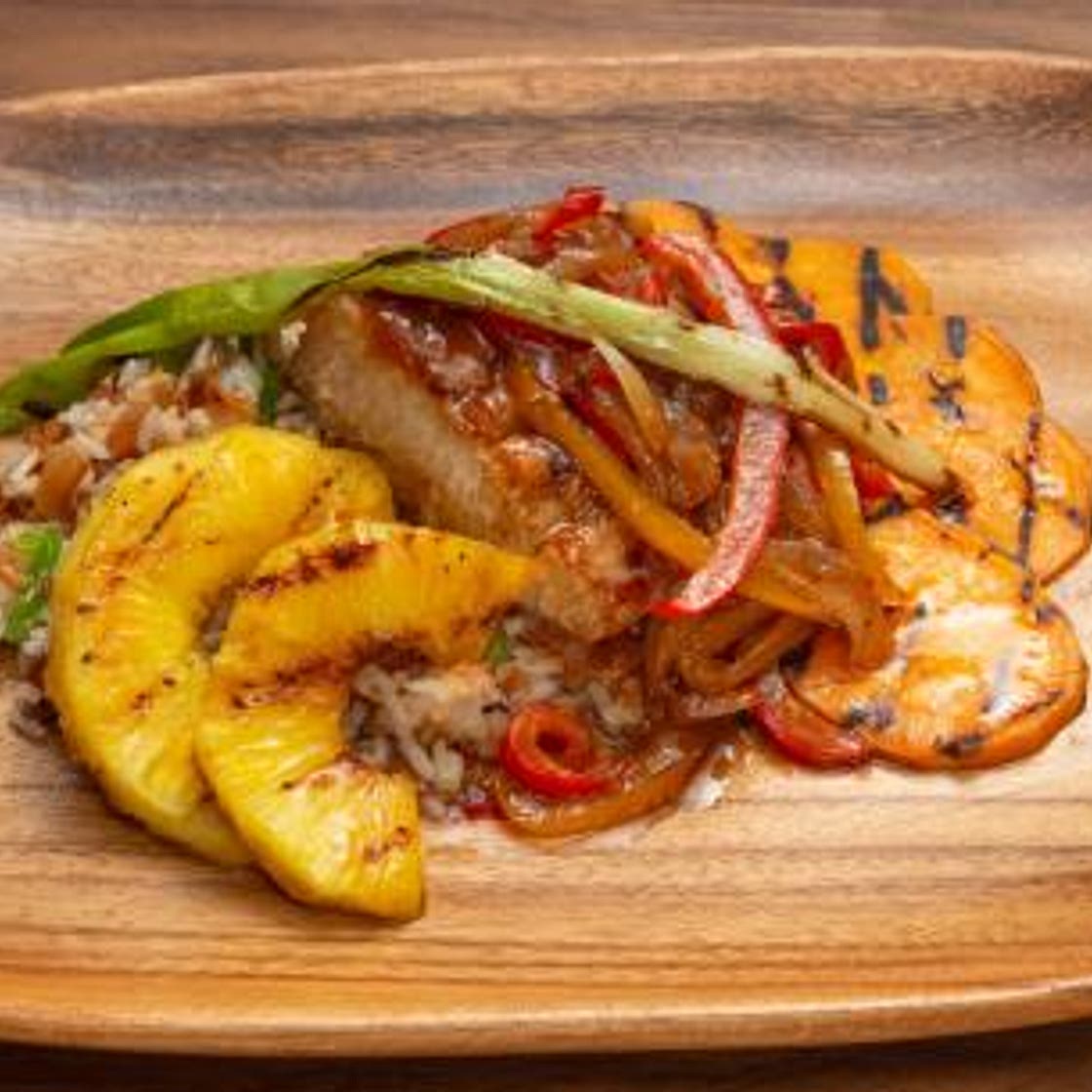 Mahi-Mahi with Pineapple Glaze, Peppers and Coconut Rice