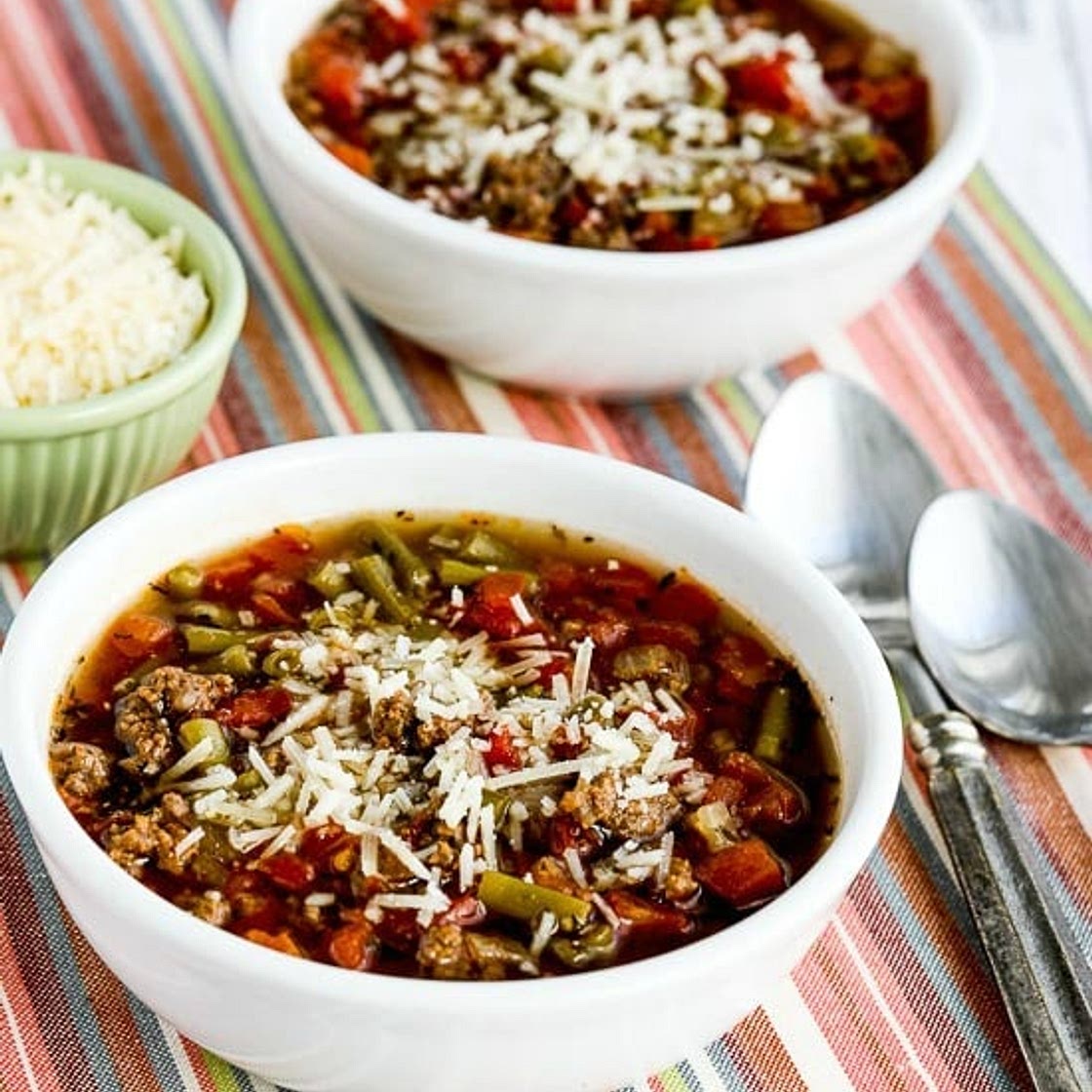 Instant Pot Low-Carb Soup with Ground Beef, Green Beans, and Tomatoes (Video)