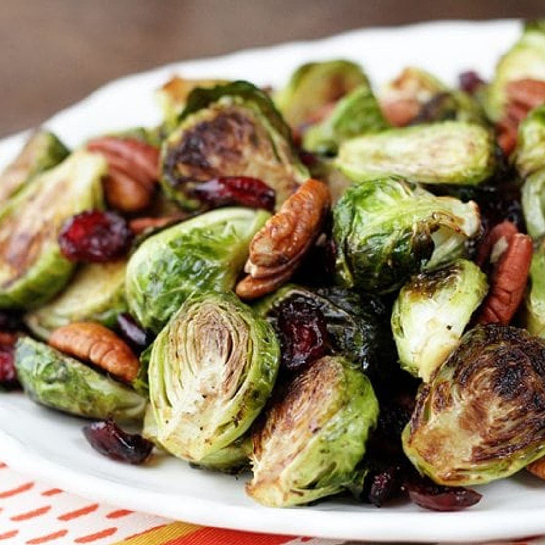 Roasted Brussels Sprouts with Cranberries and Pecans
