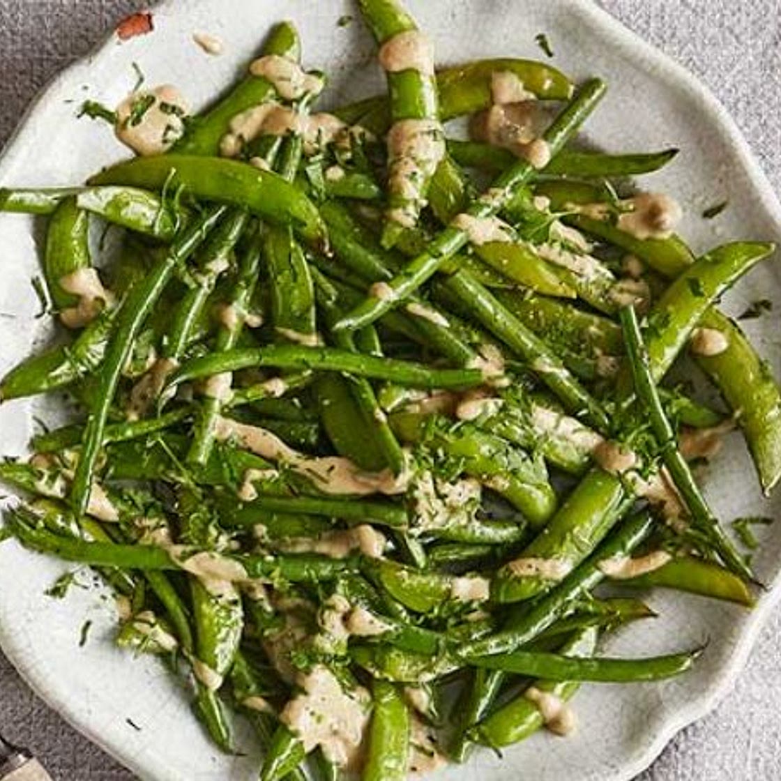 Roast sugar snaps & green beans with tonnato dressing