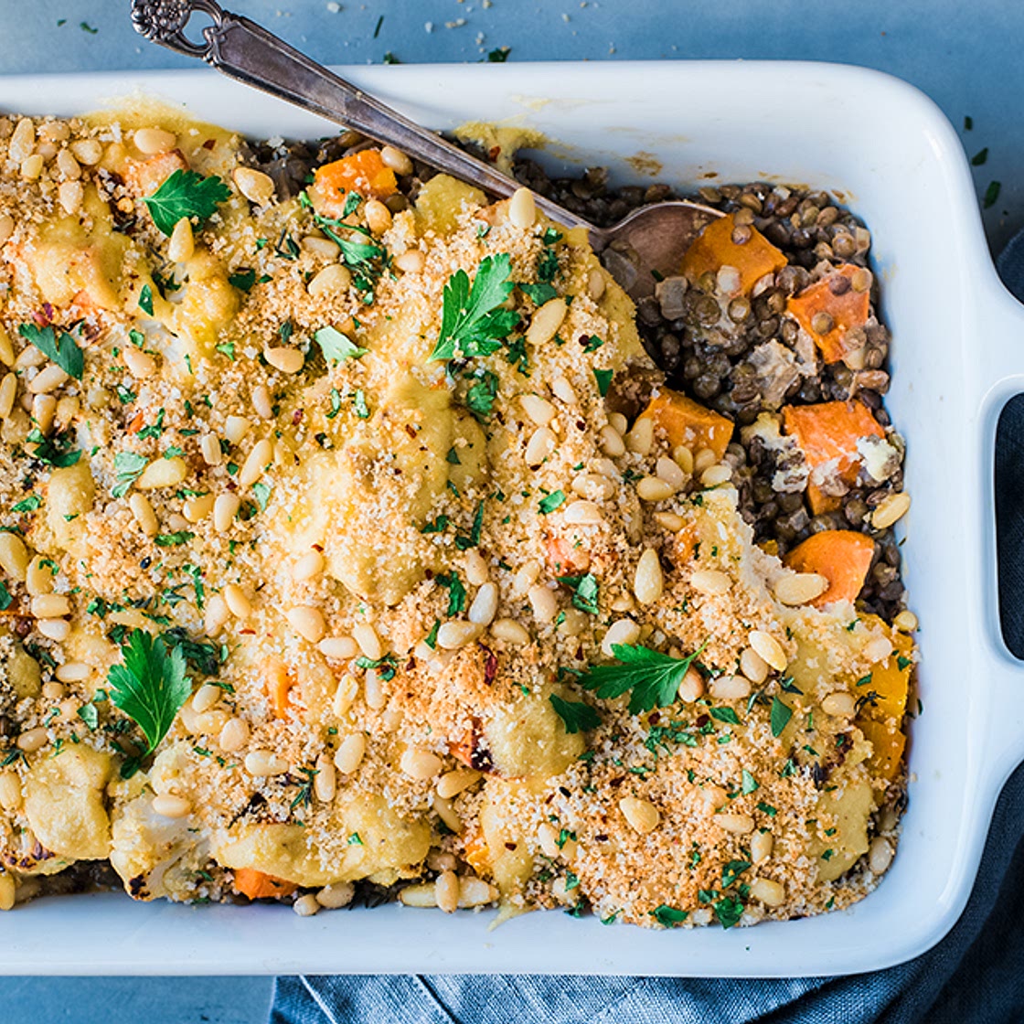 Creamy Vegan Lentil and Roasted Vegetable Bake