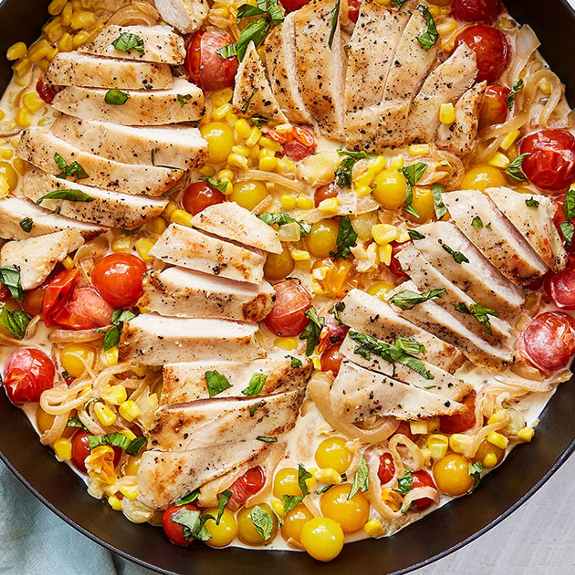 30-Minute Creamy Chicken, Corn and Tomato Skillet