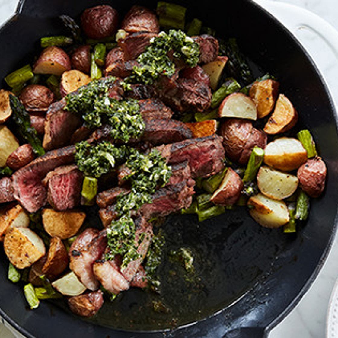 Skillet Steak with Asparagus and Potatoes