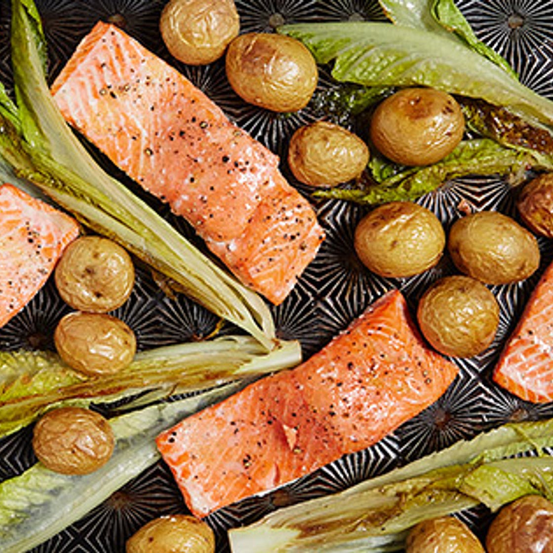 One-Pan Roasted Salmon with Potatoes and Romaine