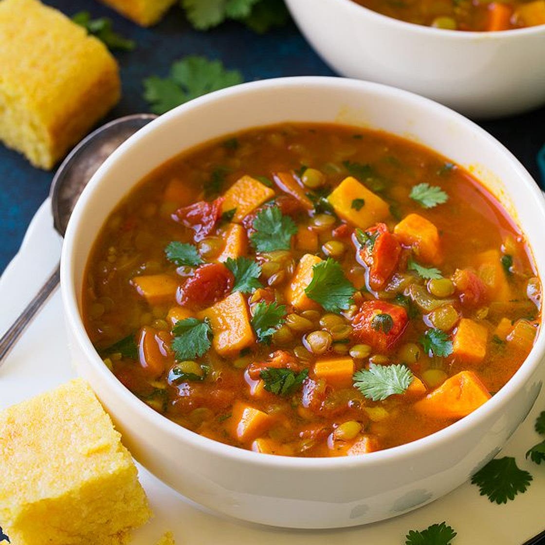 Moroccan Sweet Potato and Lentil Soup