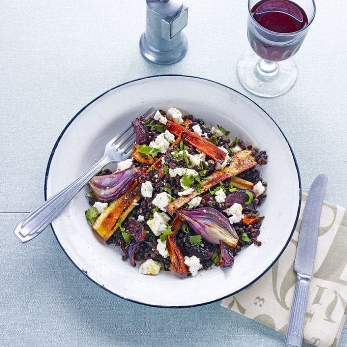 Roasted onion and balsamic root vegetables with puy lentils