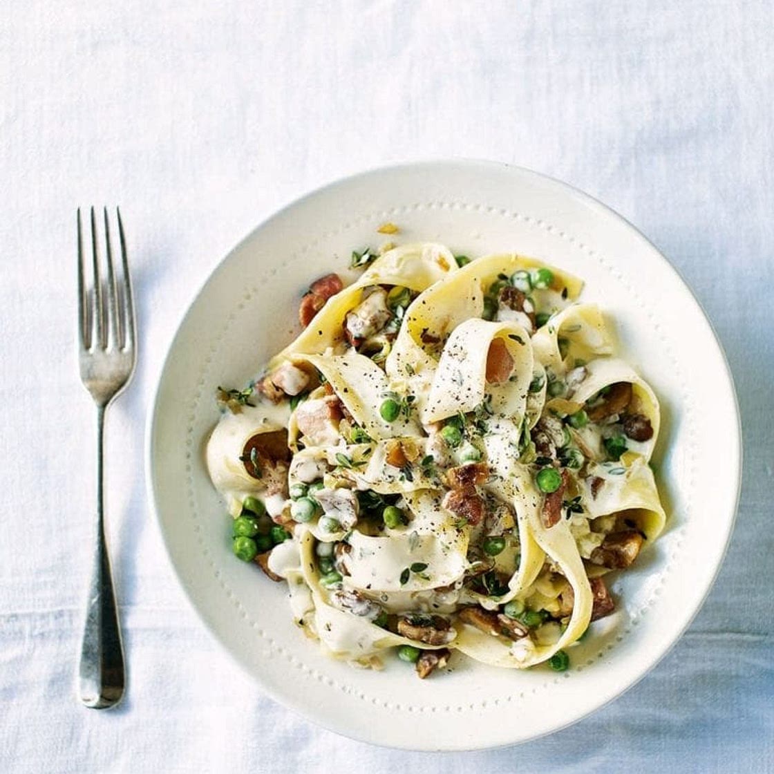 Crispy pancetta, thyme and chestnut pappardelle