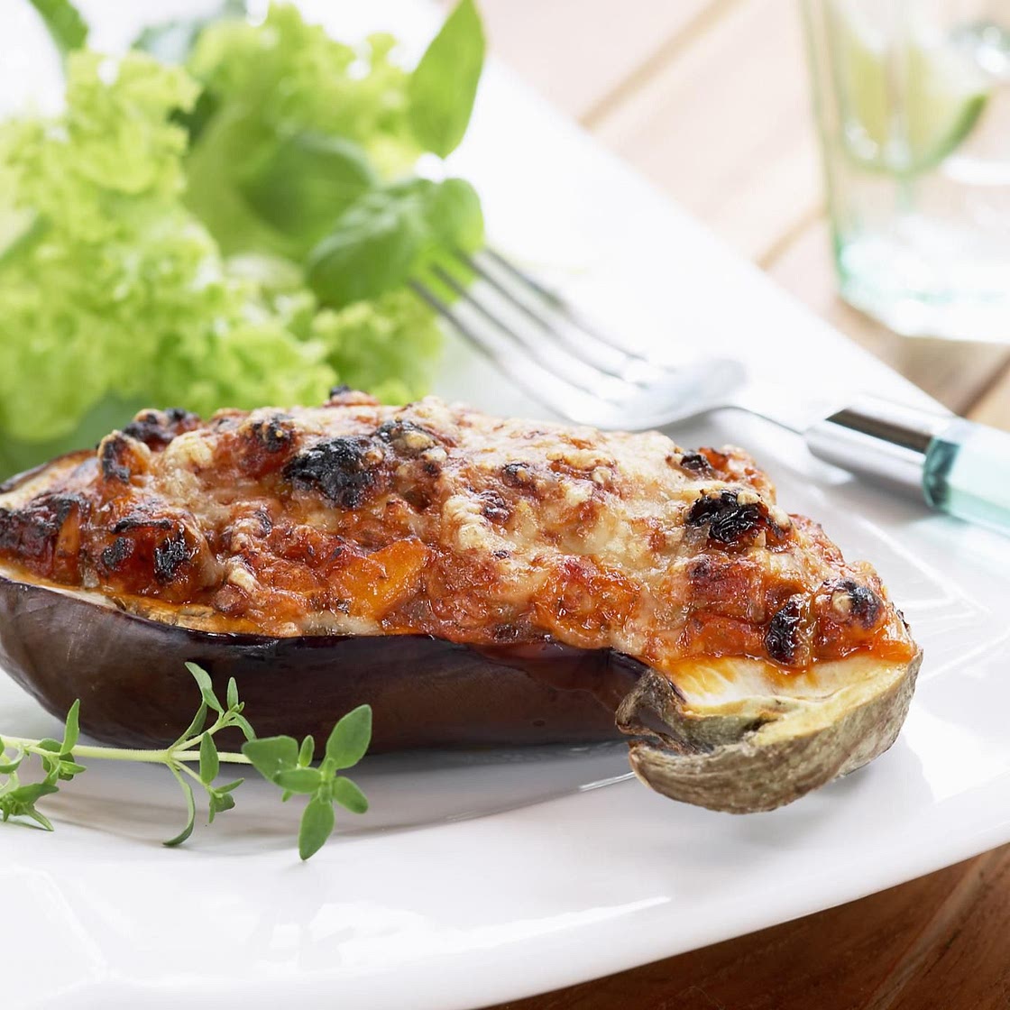 Simple Baked Eggplant, Tomato and Feta with Basil