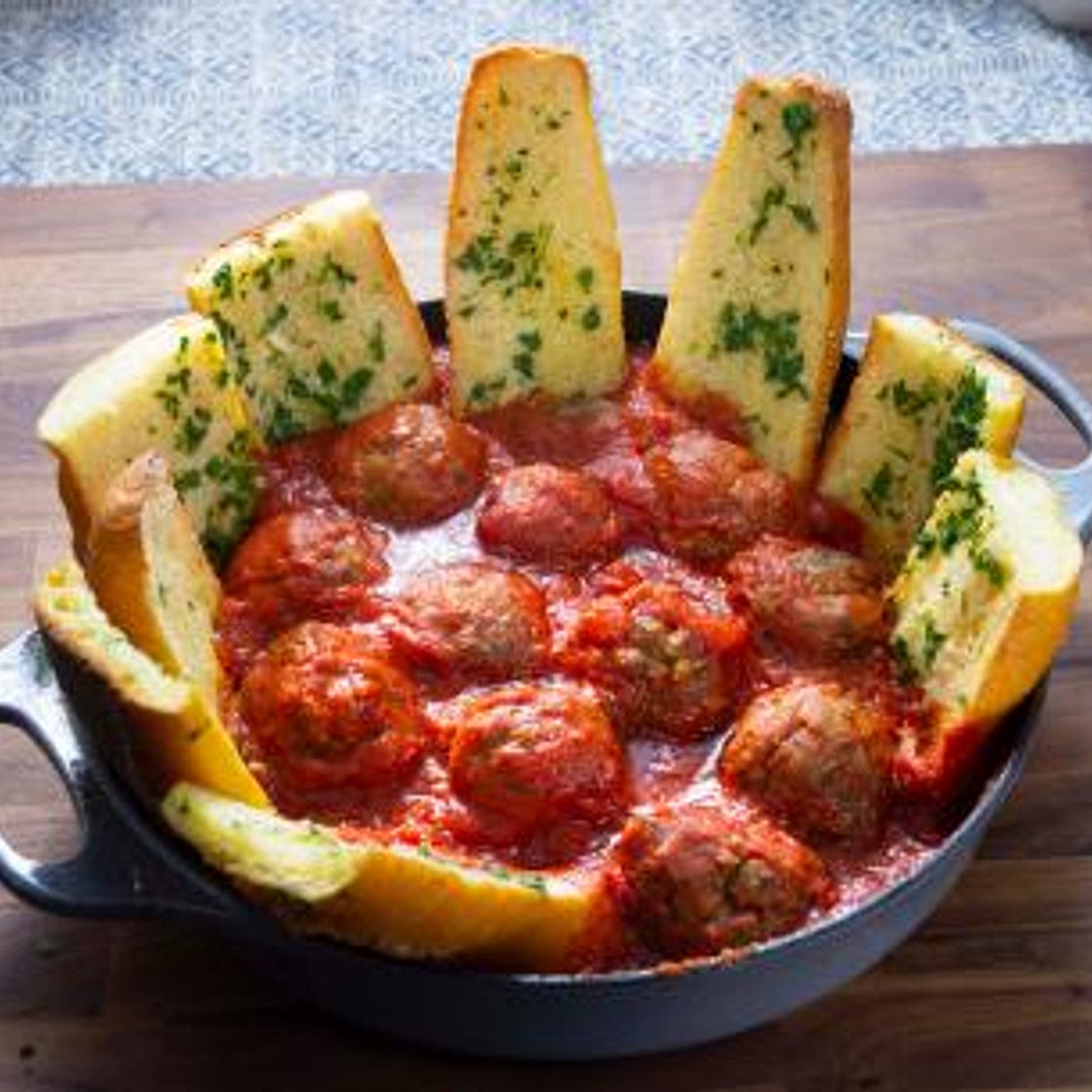 Roasted Meatballs with Garlic Bread