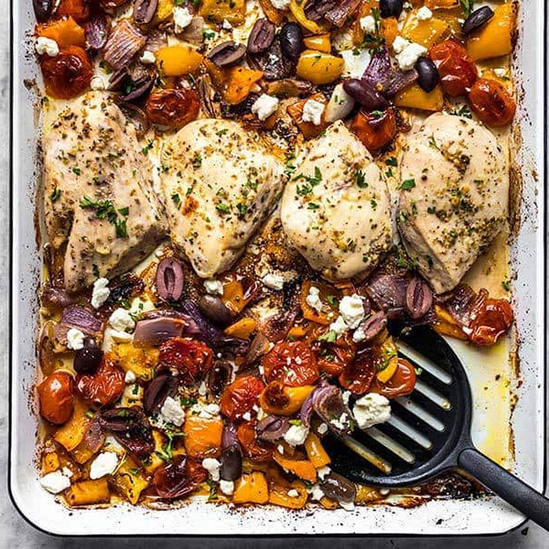 Sheet Pan Greek Chicken and Vegetables over Pasta