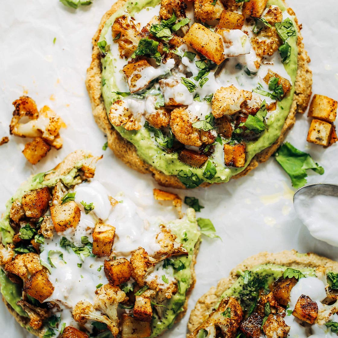 Roasted Veggie Paleo Cauliflower Pitas With Avocado Crema