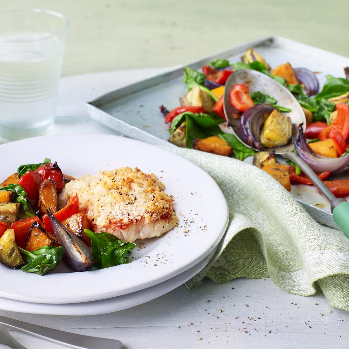 Roasted tomato cod with Mediterranean vegetables