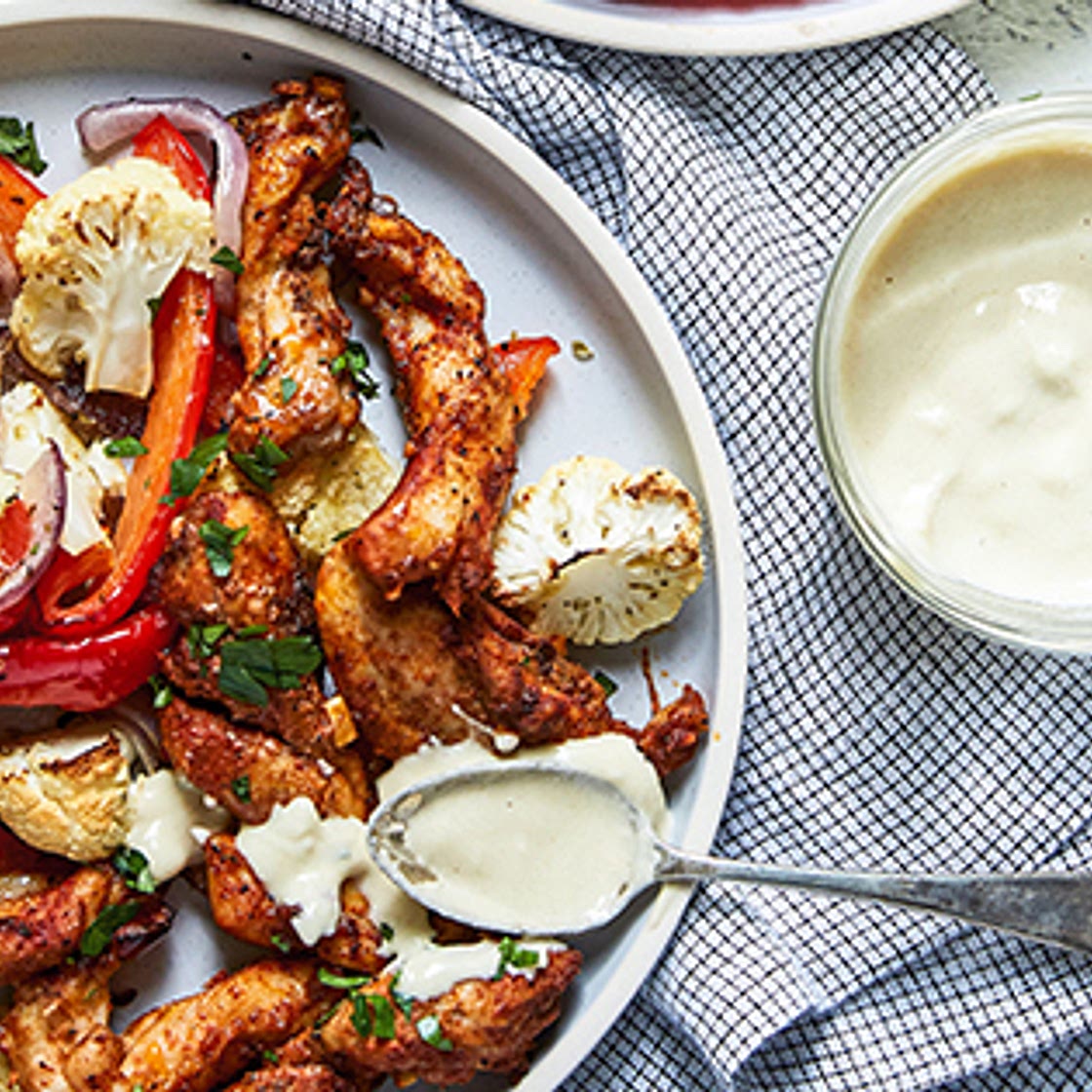 Sheet-Pan Chicken Shawarma with Lemon-Tahini Drizzle