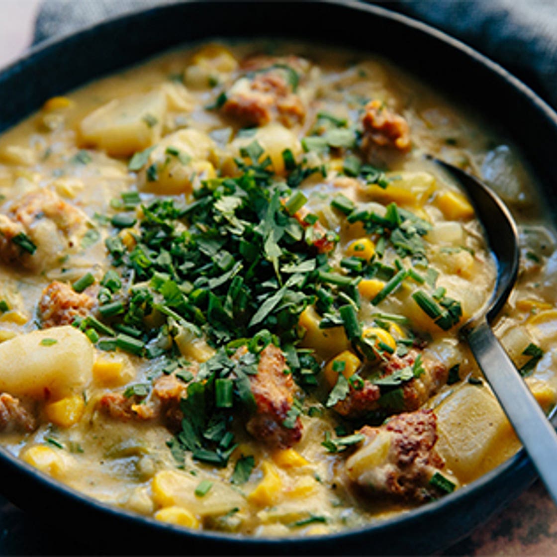 Sausage, Corn and Poblano Chowder