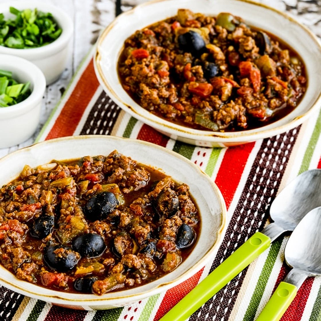Pumpkin Chili with Beef, Peppers, and Olives