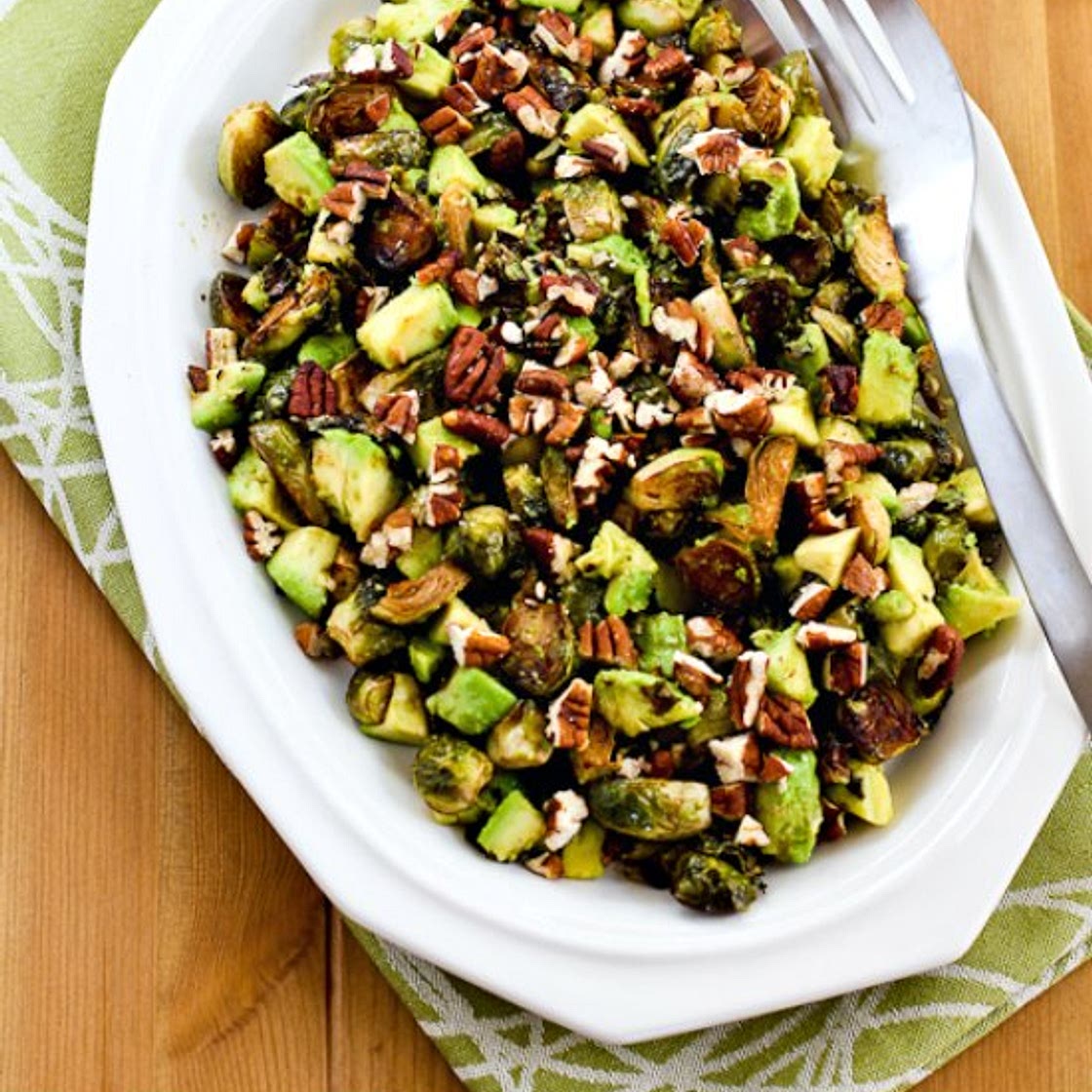 Roasted Brussels Sprouts with Avocados and Pecans
