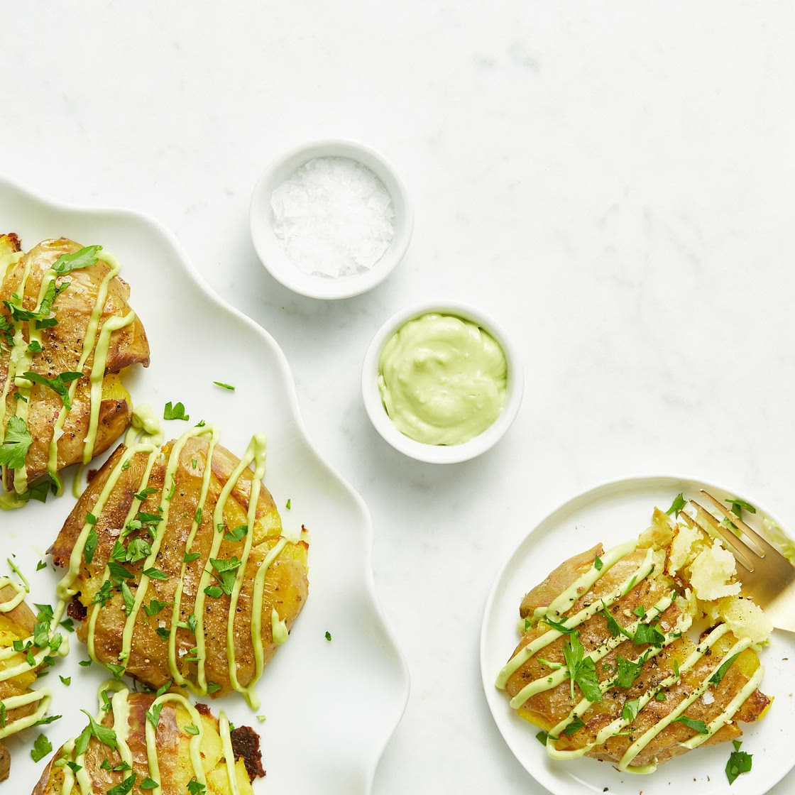 Crispy Smashed Potatoes with Avocado Garlic Aioli