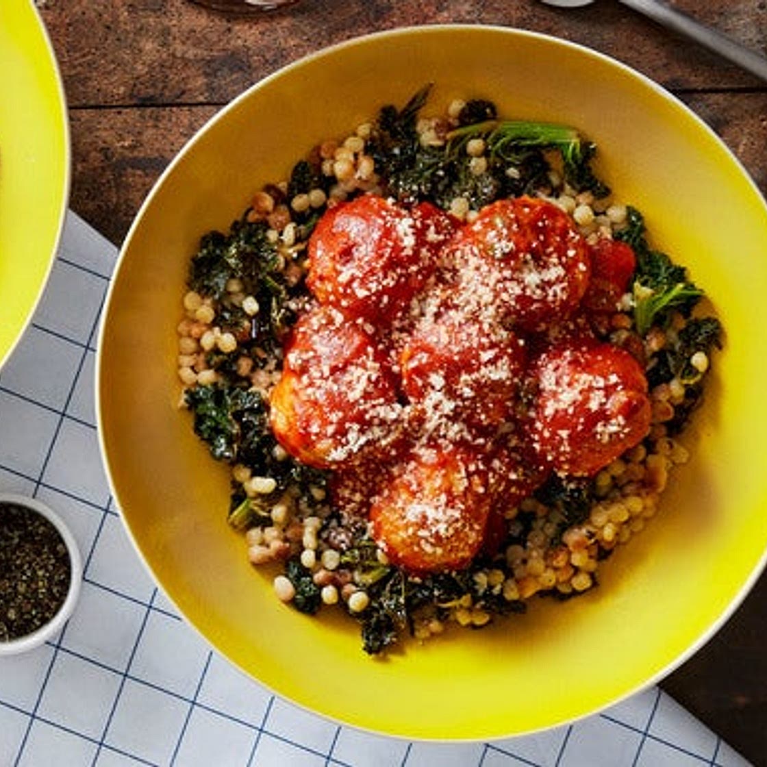 Chicken Meatballs & Fregola Sarda with Kale & Sicilian Tomato Sauce