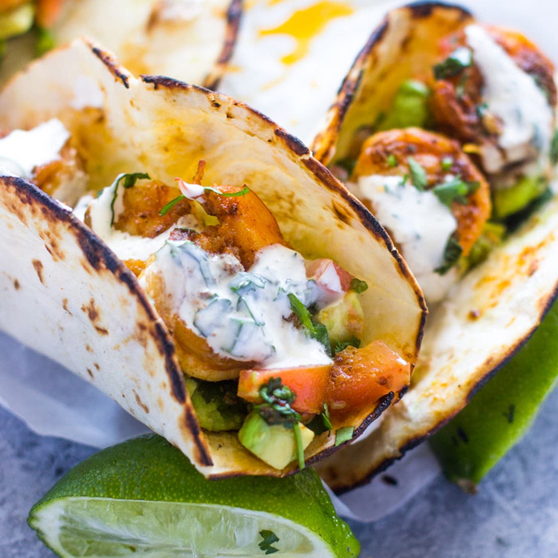 Spicy Shrimp Tacos with Avocado Salsa & Sour Cream Cilantro Sauce