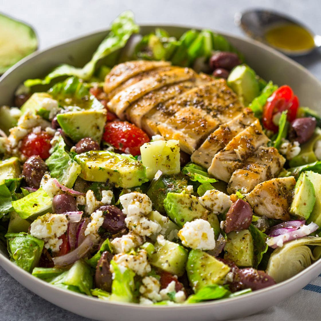 Greek Avocado & Grilled Chicken Salad with Greek Dressing