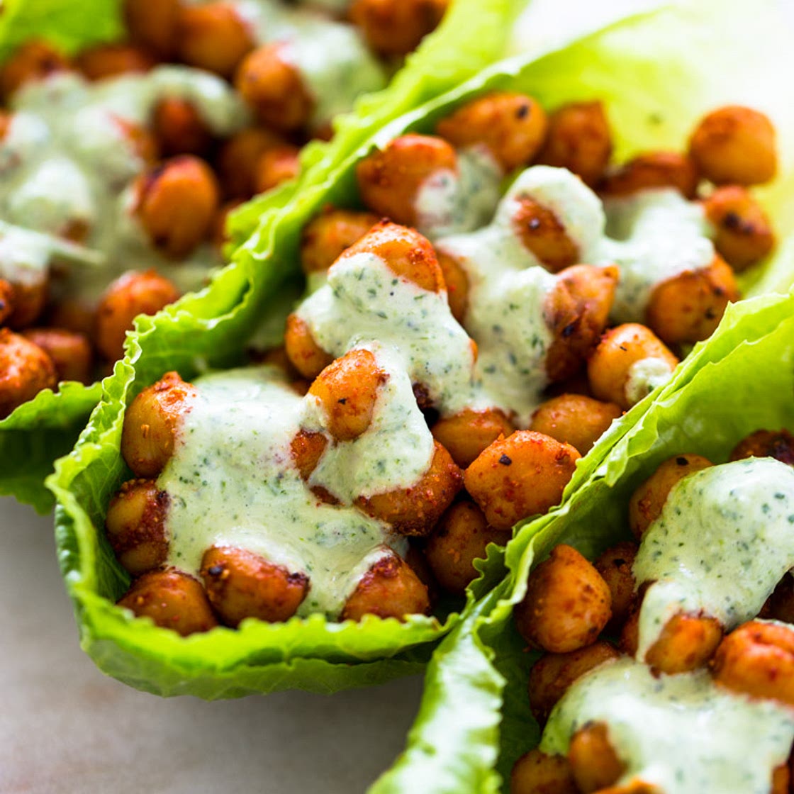 Spicy Chickpea Lettuce Wraps with Cilantro Jalapeno Sauce
