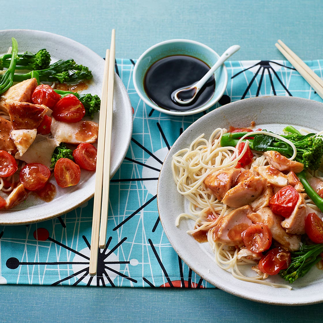 Hoisin salmon with broccoli and noodles