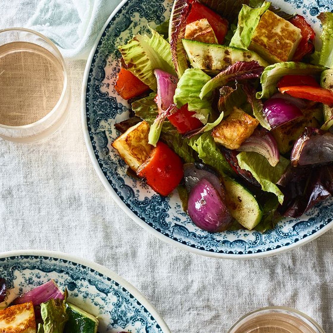 A Salad of Grilled Vegetables over Crisp Lettuce with Halloumi Croutons