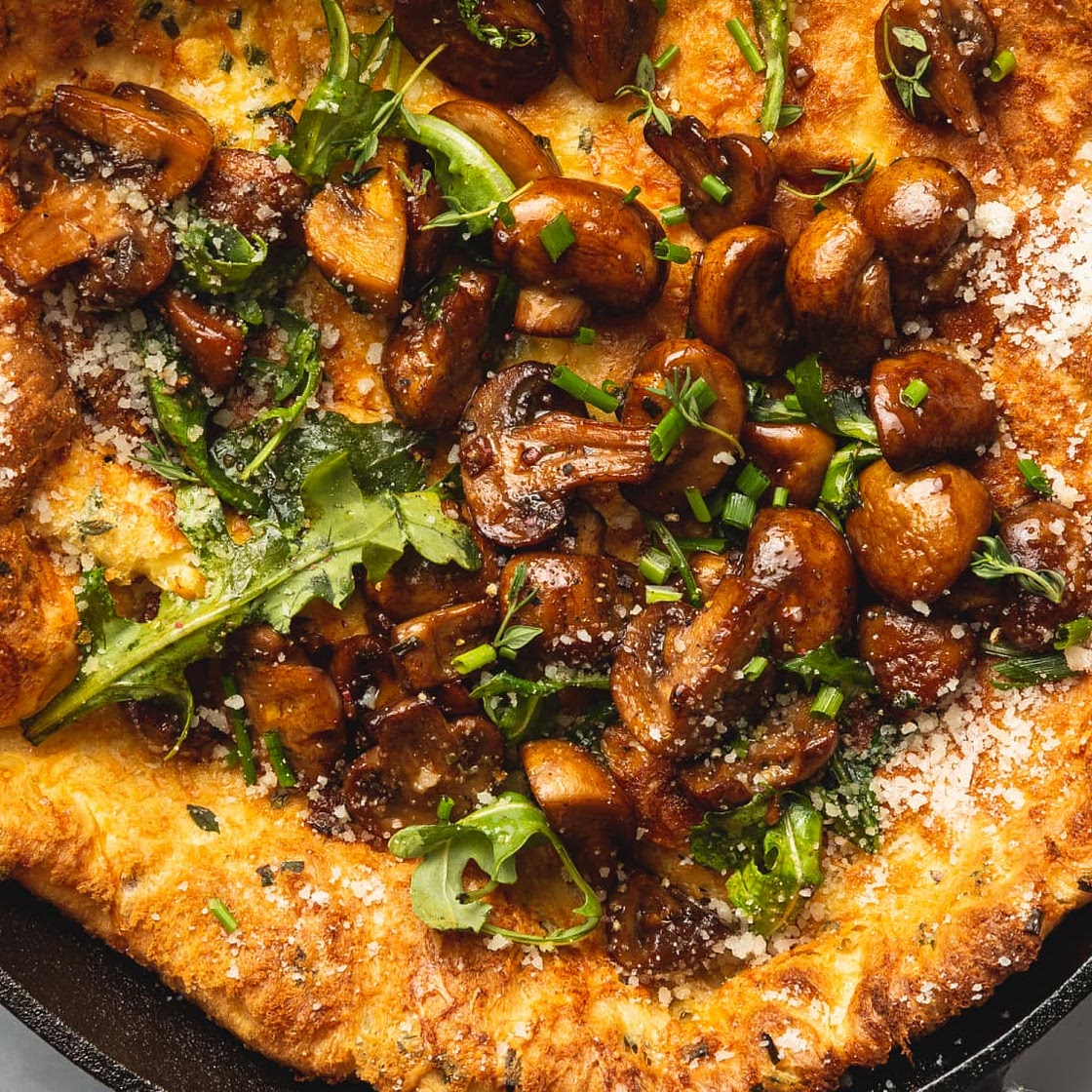 Parmesan-Herb Dutch Baby with Garlic-Butter Mushrooms