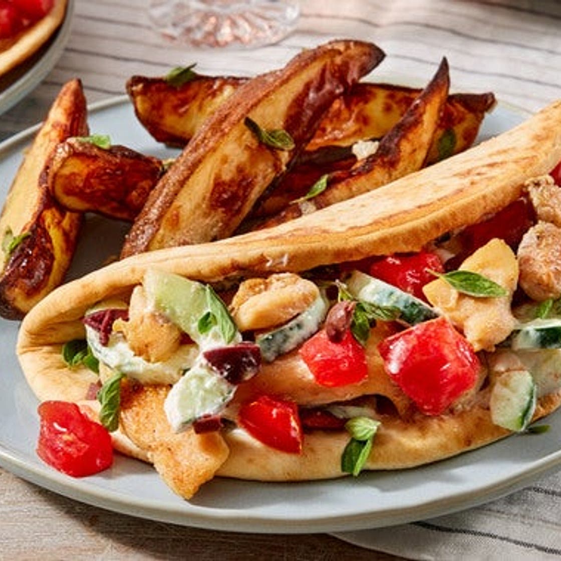 Chicken Souvlaki Pitas with Heirloom Tomato & Garlic-Oregano Potatoes
