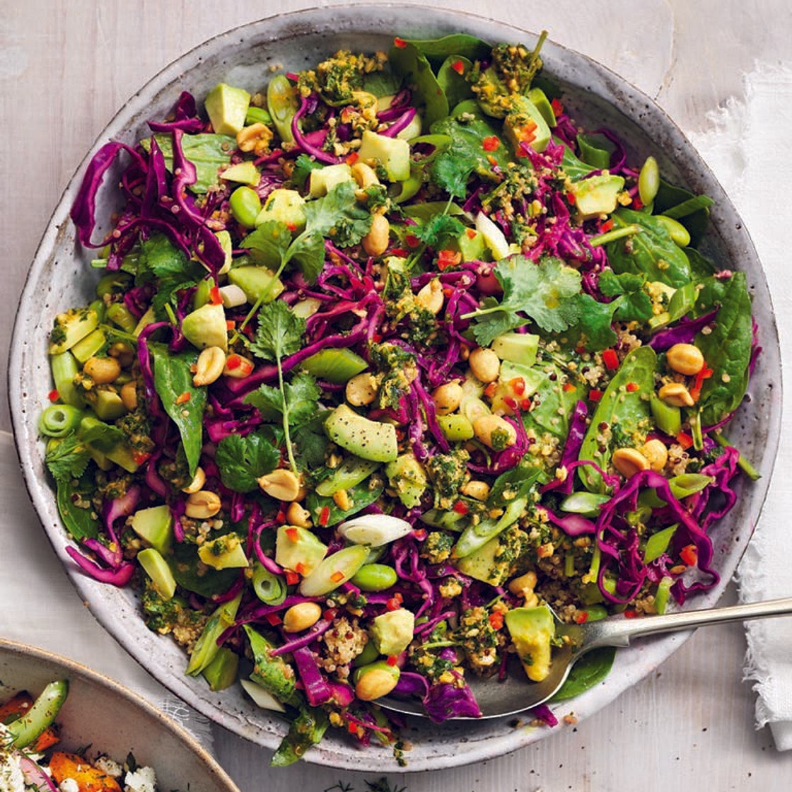 Red cabbage, quinoa and avocado salad with peanut pesto