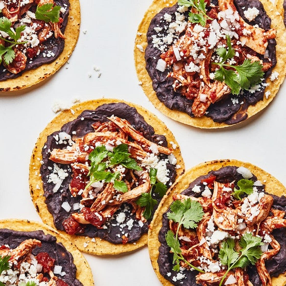 Chicken Tinga Tostadas With Bacony Black Beans