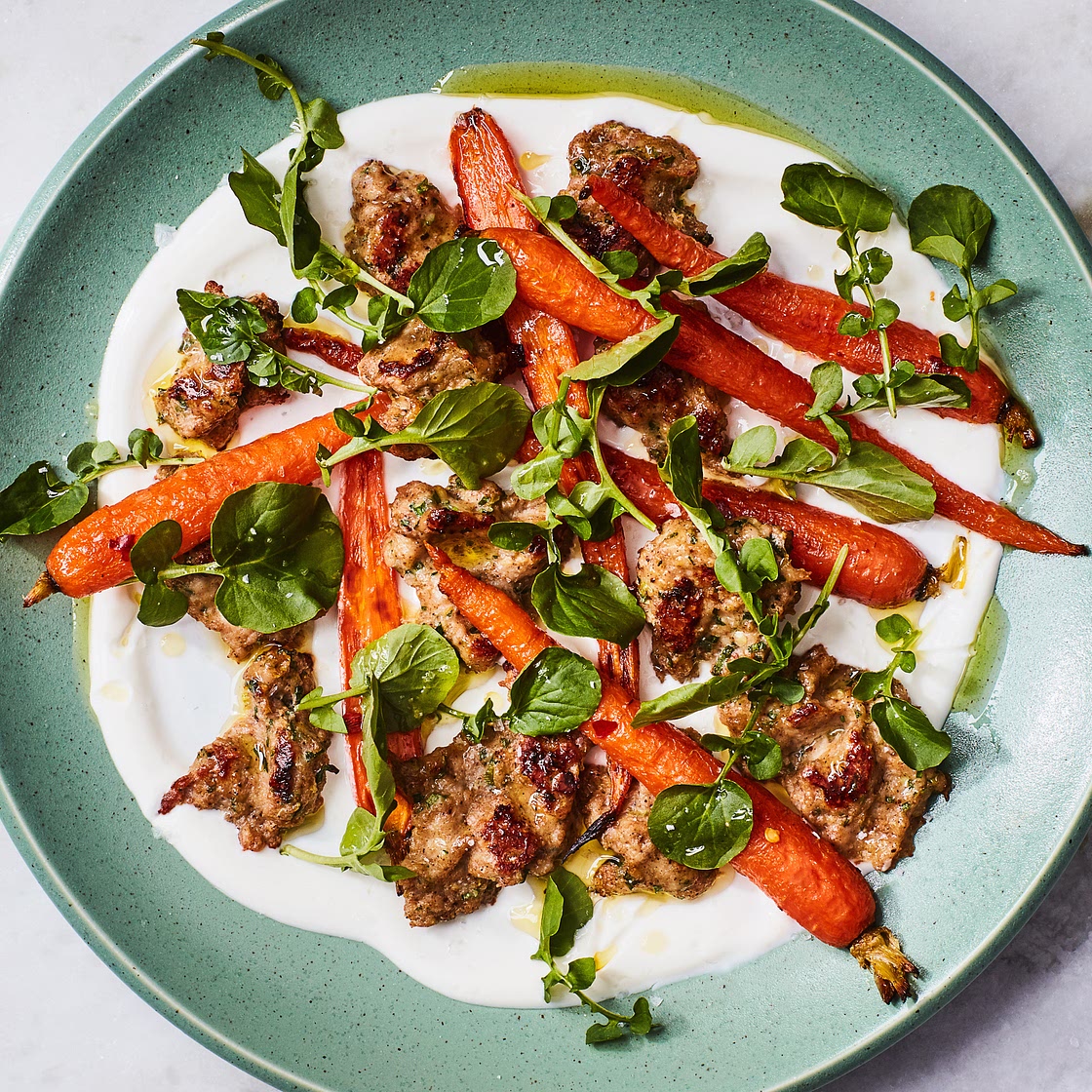 Freeform Chicken Meatballs with Carrots and Yogurt Sauce