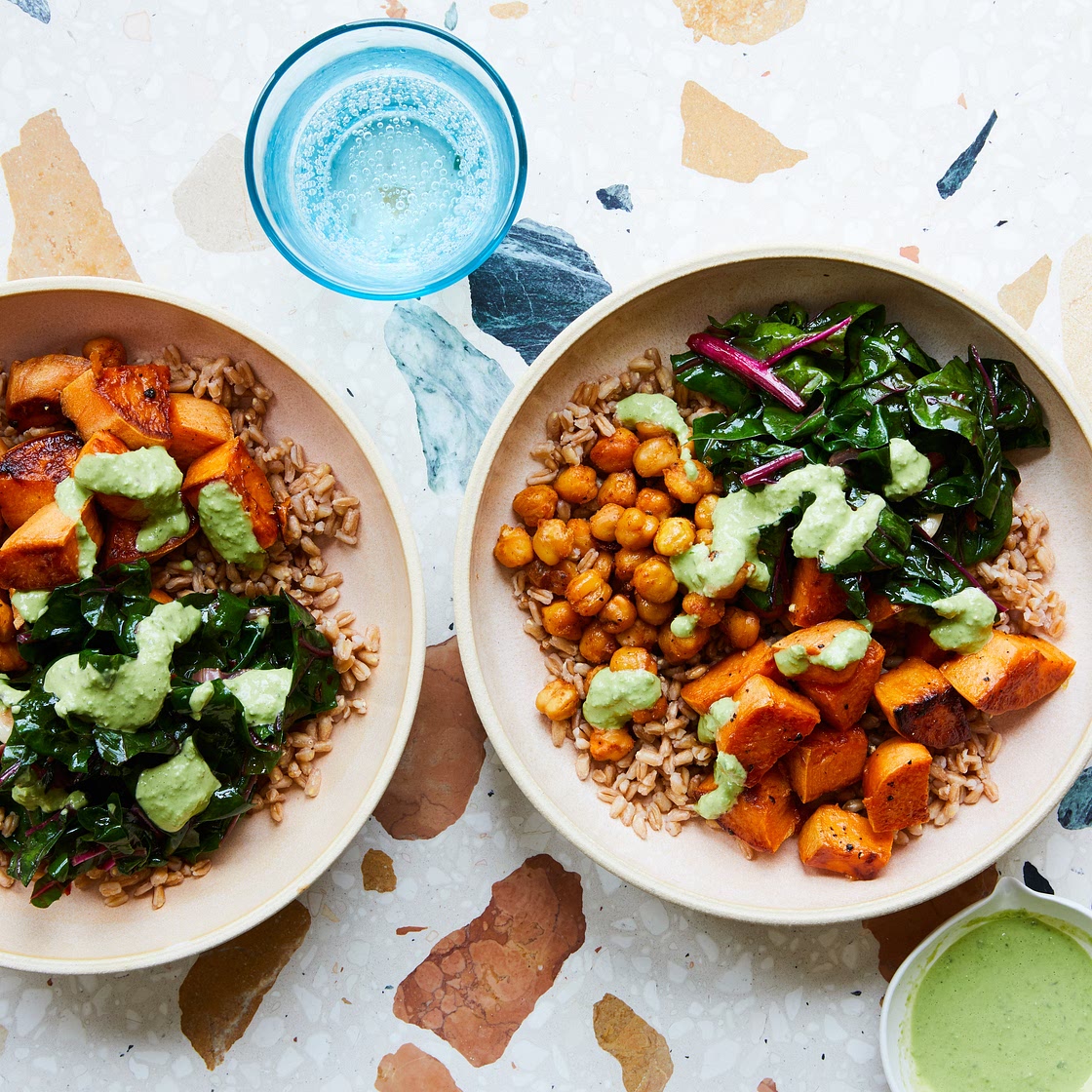 Buddha Bowl with Roasted Sweet Potatoes, Spiced Chickpeas, and Chard