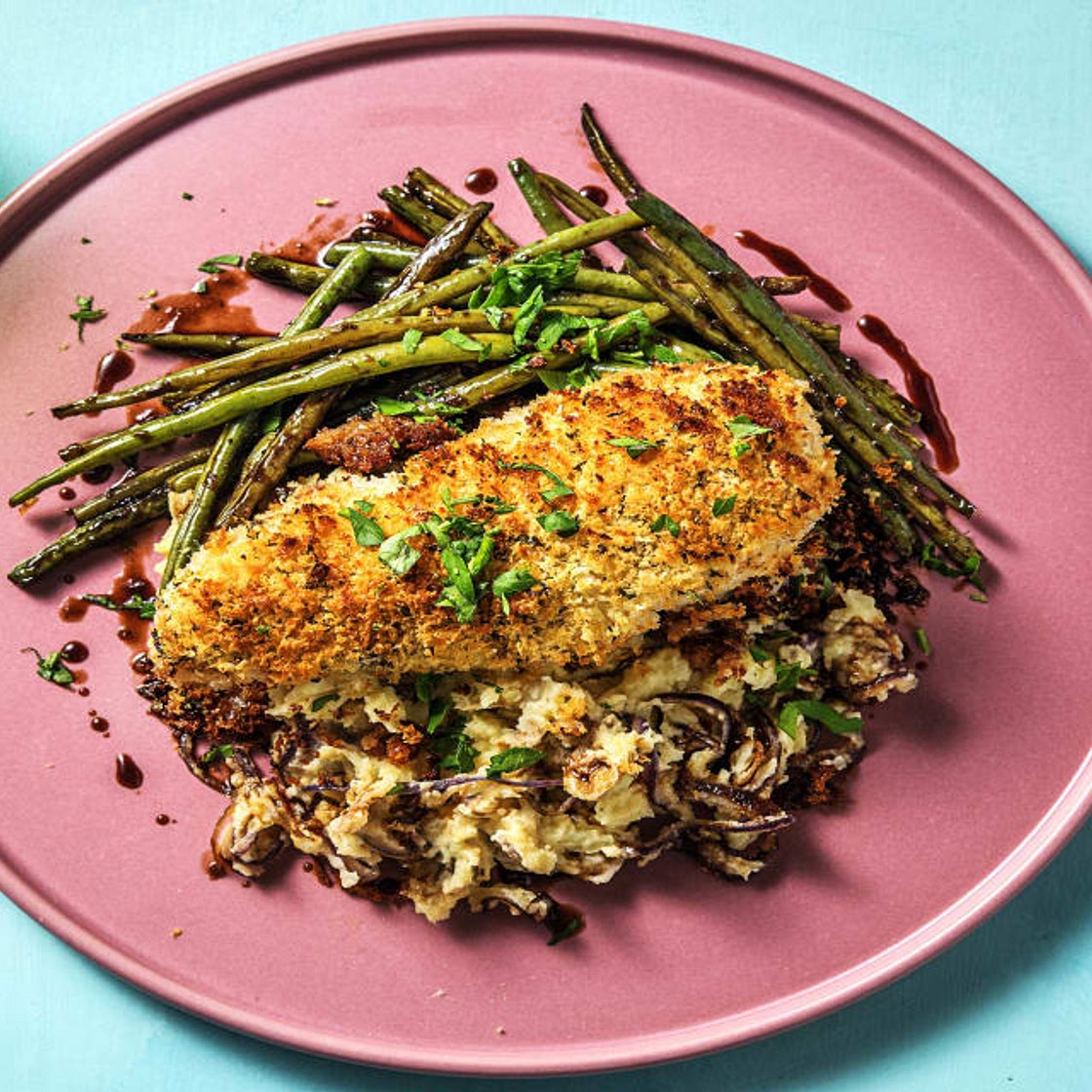 Herby Chicken with Red Onion Mash and Garlicky Green Beans