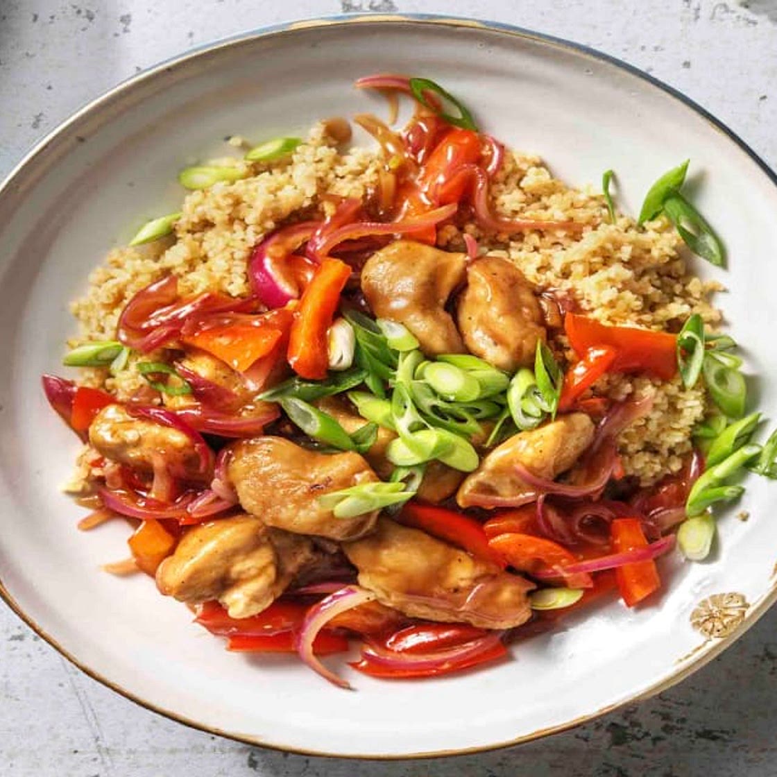 Sweet & Sour Style Chicken with Red Pepper and Bulgur Wheat