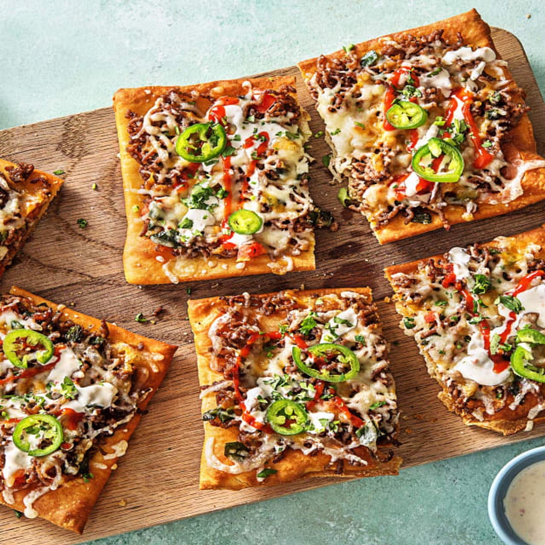 Beef Taco Pizzas with Poblano and Jalapeño Peppers plus Two Kinds of Cheese