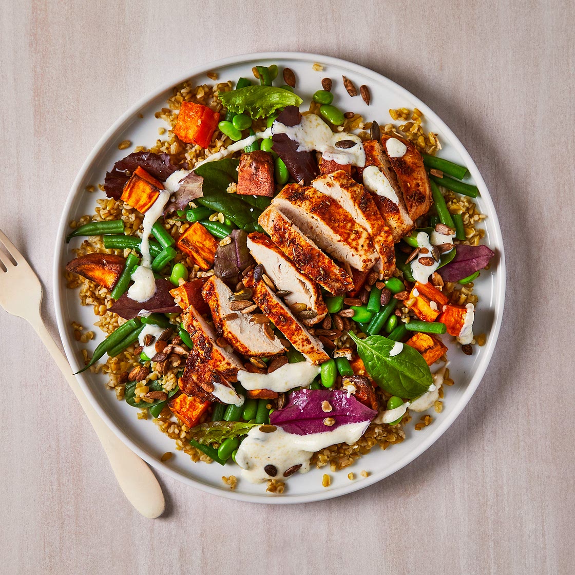 Spicy Chicken, Roasted Sweet Potato & Greens Grain Bowl