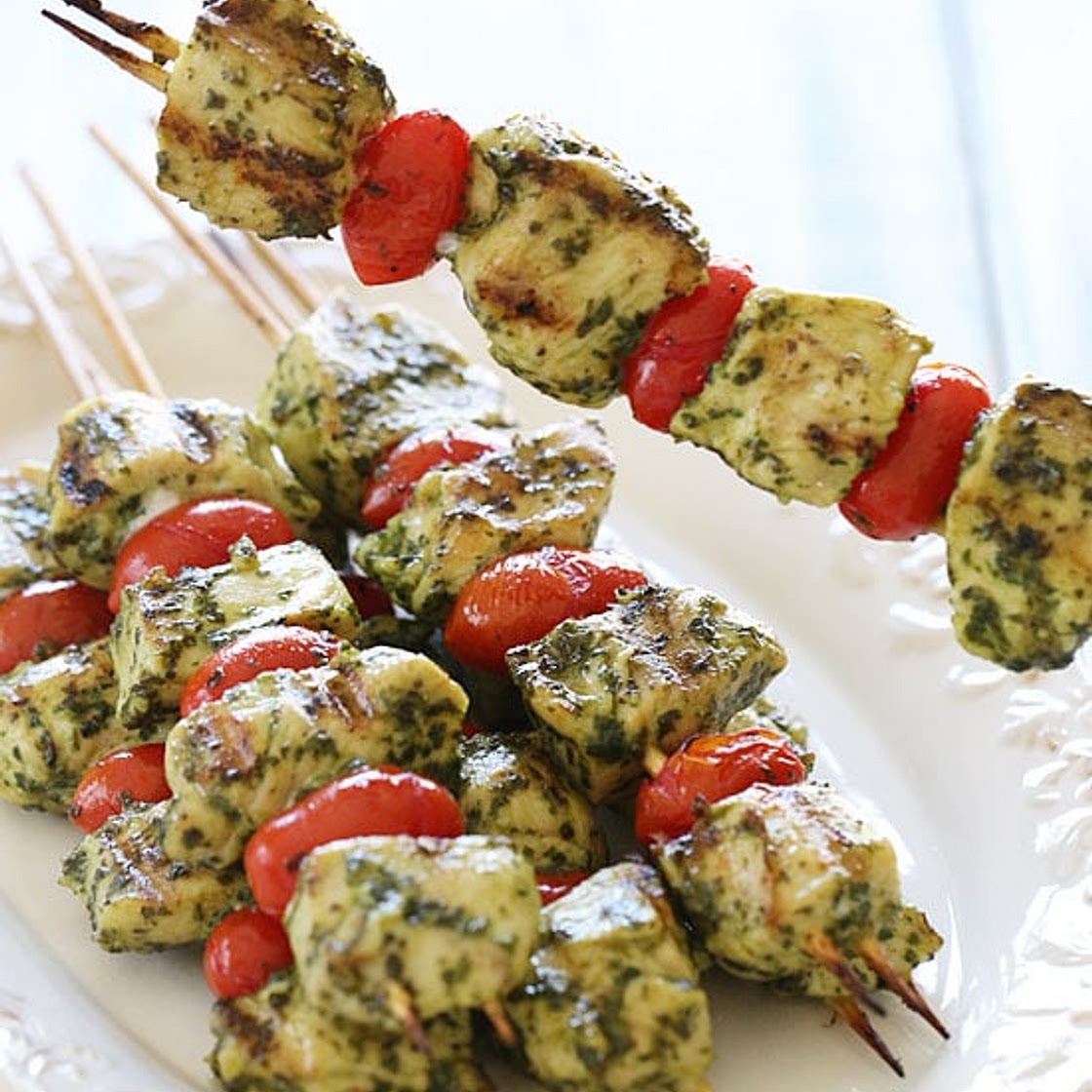 Grilled Pesto Chicken and Tomato Kebabs