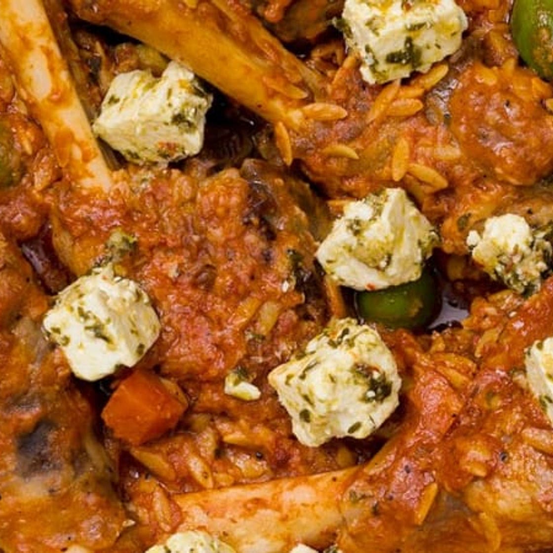 Lamb shanks with risoni and feta