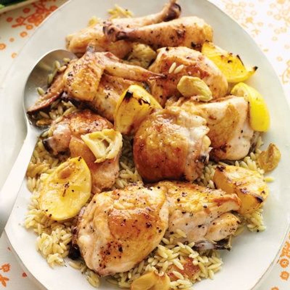 Lemon-Roasted Chicken with Arugula Salad and Dilled Orzo