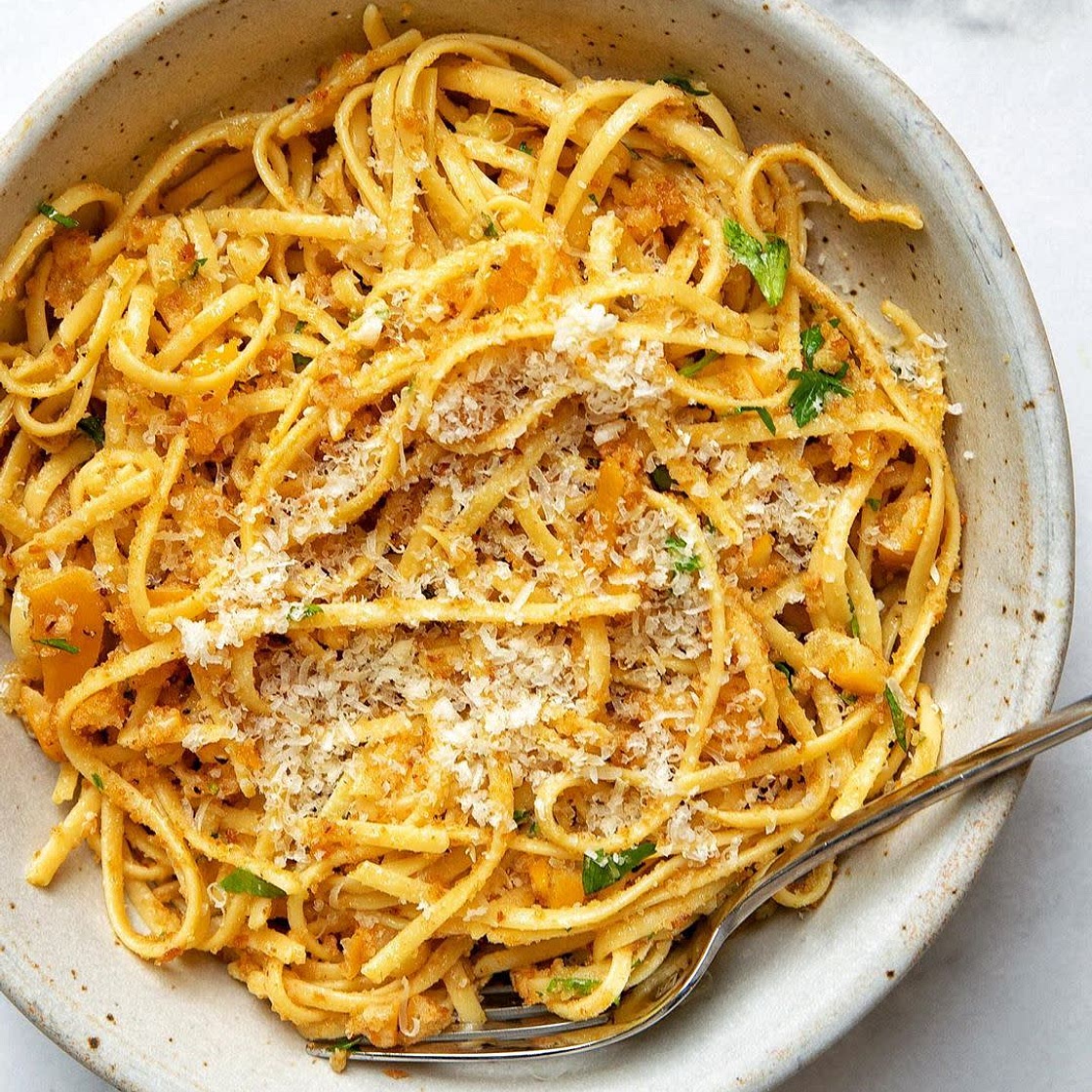 Preserved Lemon Linguine with Garlic, Parsley, Pecorino and Garlic Anchovy Breadcrumbs.