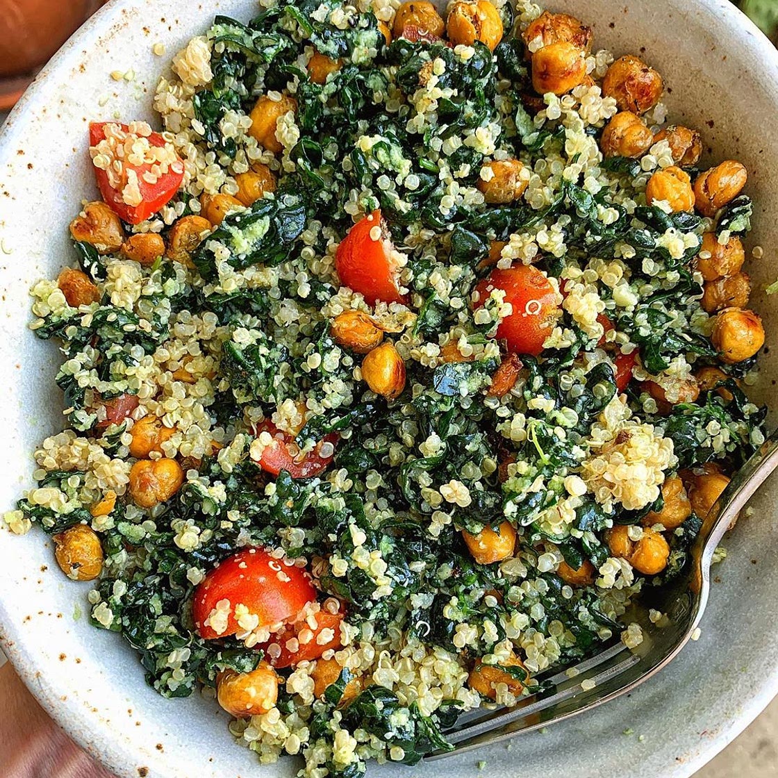 Lemon Garlic Kale Parmesan Salad with quinoa and crispy chickpeas