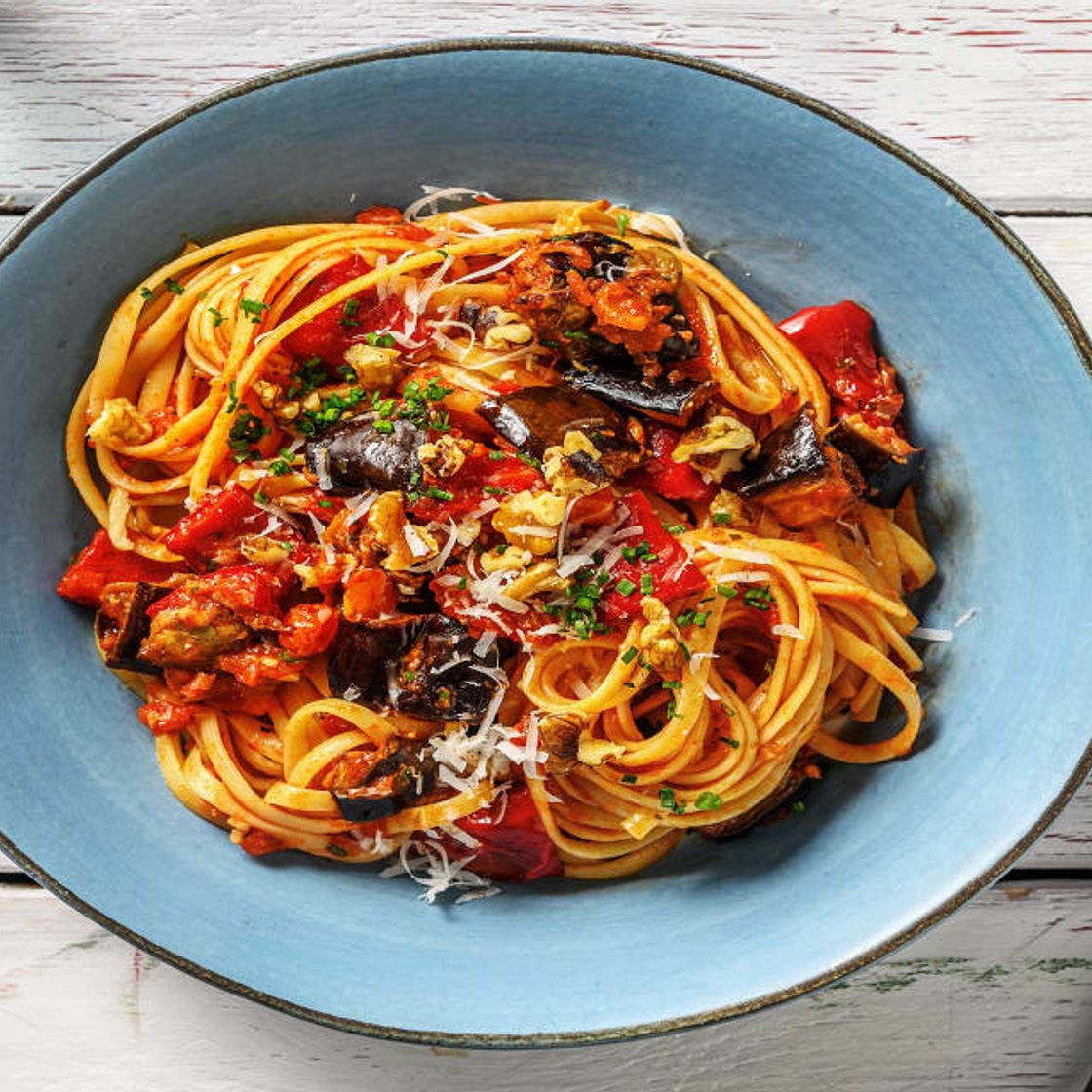 Roasted Pepper and Aubergine Linguine with Walnuts and Chives