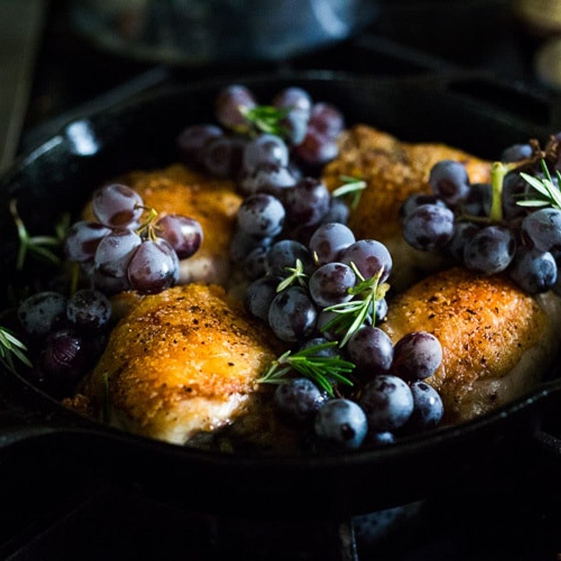 Rosemary Chicken Thighs with Roasted Grapes and Shallots
