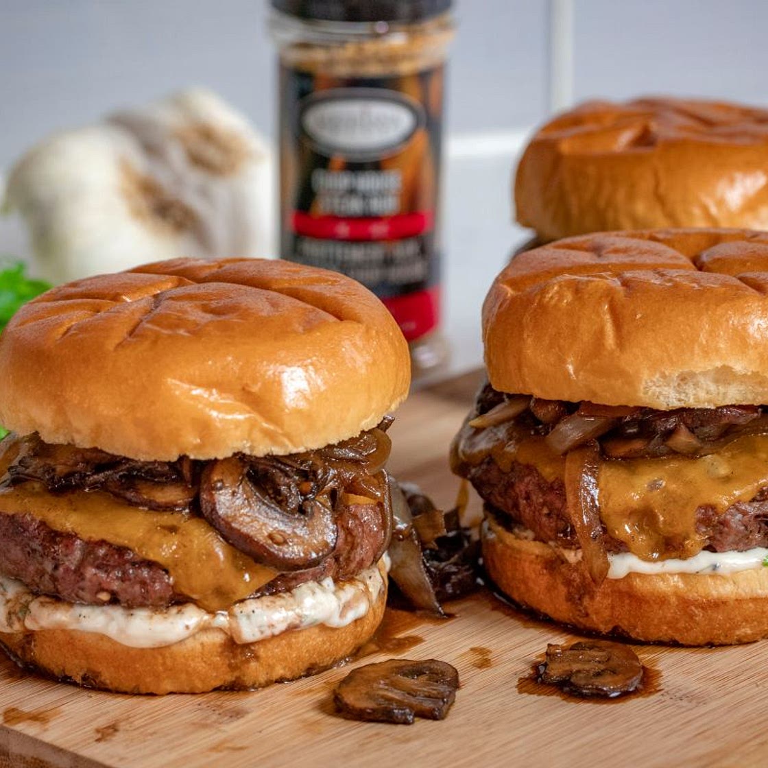 Wagyu Burgers with Caramelized Onions, Garlic Aioli and Mushrooms