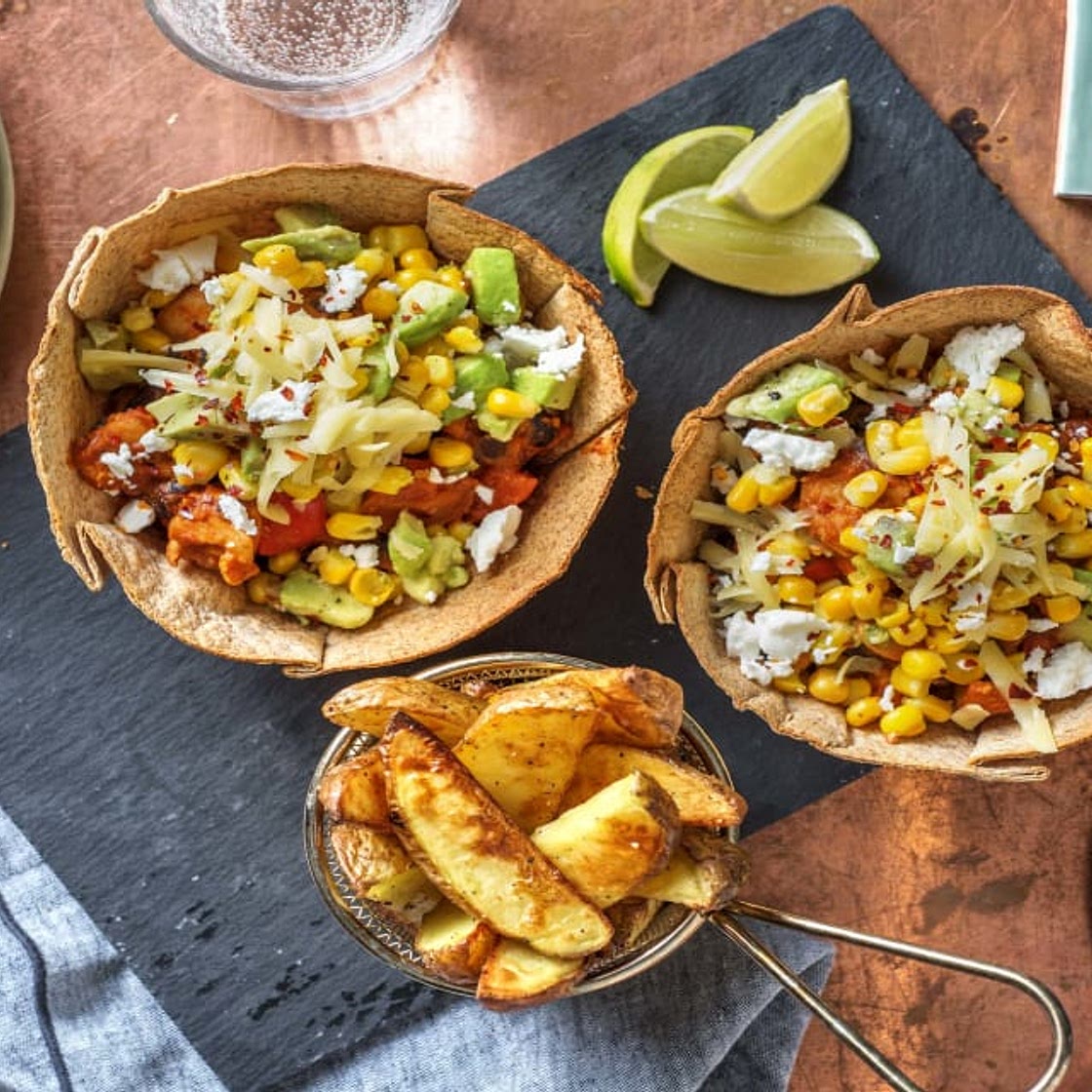 Chicken Fajita Taco Bowl with Street Corn, Feta and Potato Wedges